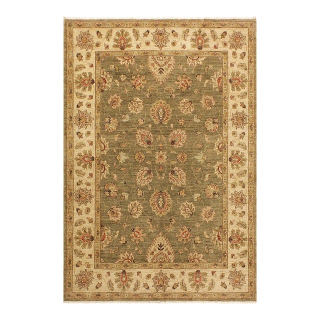 Oriental Ziegler Green Ivory Hand-Knotted Wool Rug- 5'0'' X 6'8'' For Sale