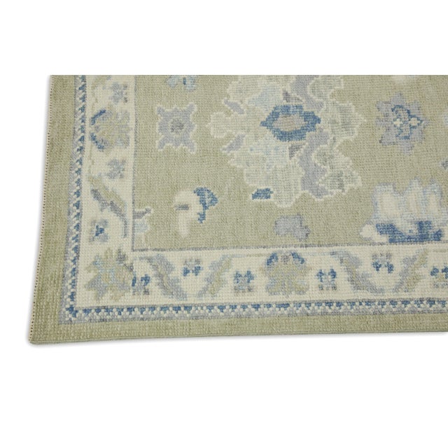 Modern Early 21st Century Green & Blue Floral Design Handwoven Wool Turkish Oushak Rug 2'11" X 6'1" For Sale - Image 3 of 7