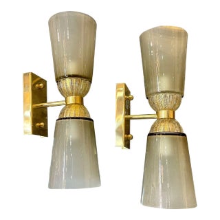 Pair of Modern Murano Glass and Brass Double Blown Sconces For Sale