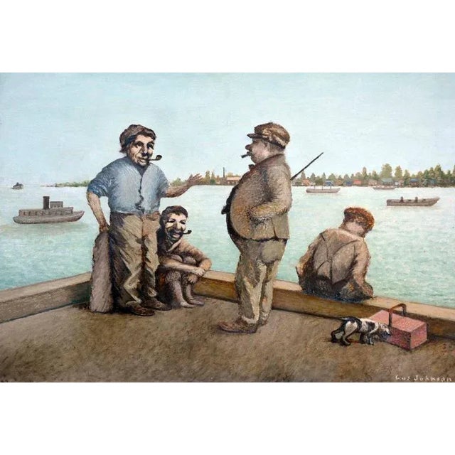 Picturesque oil painting of men having a conversation on the Marin, California pier by Gus Johnson (American, 19th...