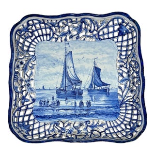 Reticulated Square Delft Dish by Royal Makkum For Sale
