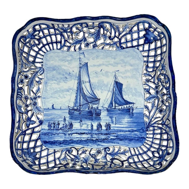 Reticulated Square Delft Dish by Royal Makkum For Sale