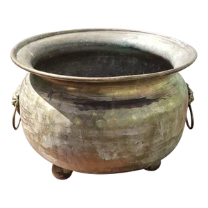 Russian Hand Hammered Brass Two Handle Footed Jardiniere Planter With Lion Heads