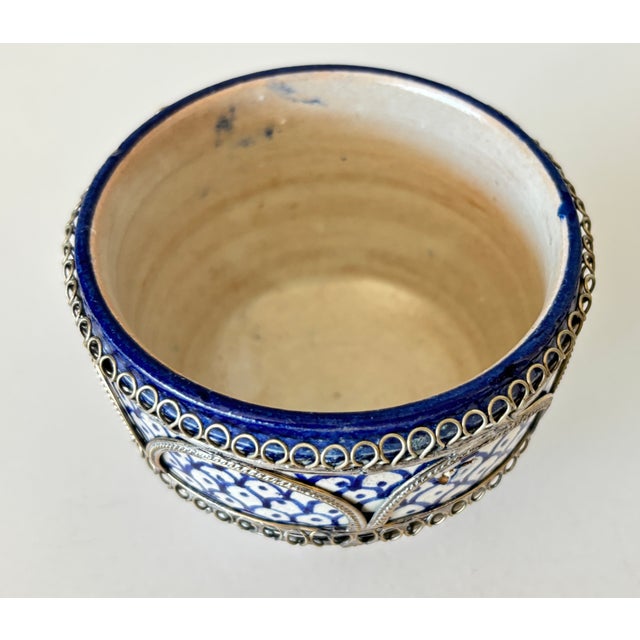 Vintage Moroccan Fez Pottery Lidded Jobbana Jar With Silver Filigree Circa 1980 For Sale - Image 9 of 12