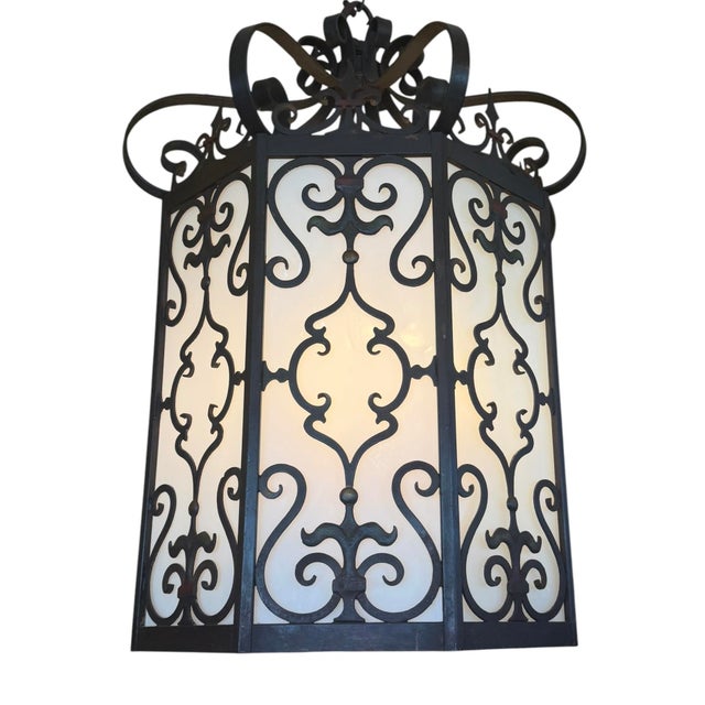 1920s Spanish Revival Wrought Iron Lantern Chandelier For Sale - Image 4 of 12
