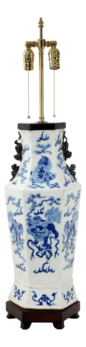 19th Century Chinese Qing Dynesty Double Bulb Pull Switch Hexagonal Blue & White Porcelain Lamp With Animal Figure Handles