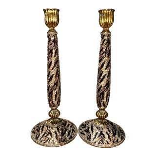 Early 21st Century Jay Strongwater Tiger Collection Gold Candlestick Holders - A Pair For Sale