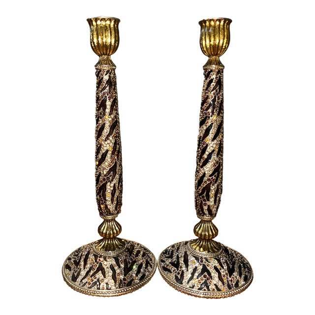 Early 21st Century Jay Strongwater Tiger Collection Gold Candlestick Holders - A Pair For Sale