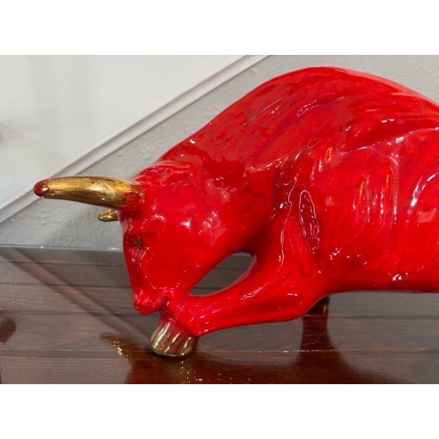 Scarlet Large Pair of 1950s MCM Glossy Firehouse Red and Gilded Kt Gold Paint Accents Ceramic Fighting Bull and Matador Figurines For Sale - Image 8 of 12
