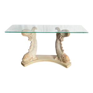 Vintage Carved Wooden Koi Fish Glass Top Console Table