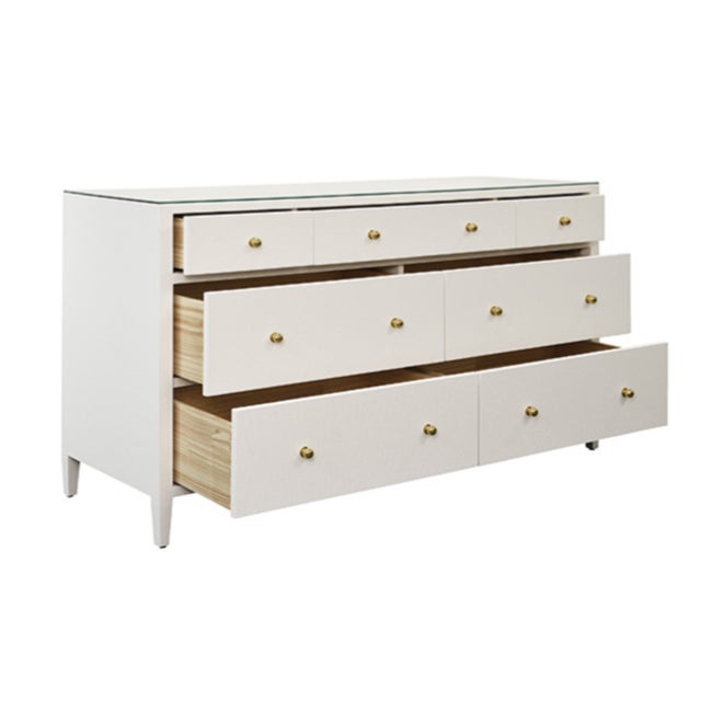 Contemporary Matthew Izzo Home Carnegie Textured White Linen Seven Drawer Chest With Brass Knobs For Sale - Image 3 of 8