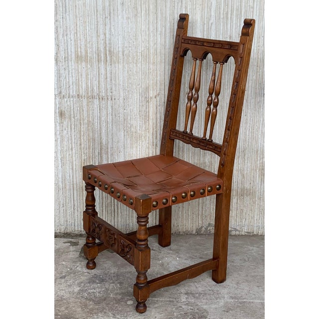 19th Set of Four Spanish Carved Chairs with Leather Seat and Back For Sale - Image 17 of 18