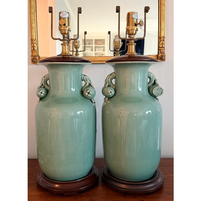 Ralph Lauren Lamps Chinese Crackled Pottery Celadon With Pomegranate Handles -a Pair For Sale - Image 15 of 15
