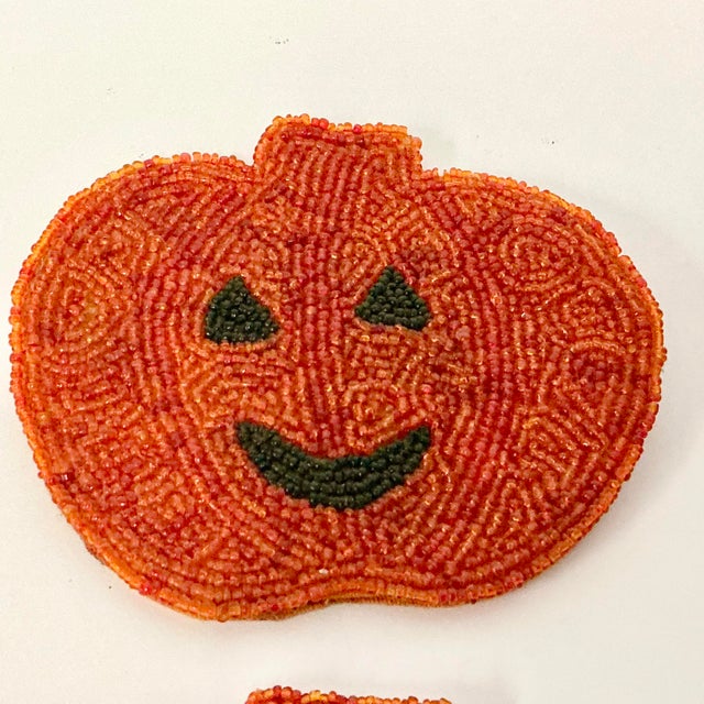 Textile 1980s Vintage Americana Boho Chic Beaded Pumpkin Jack-O-Lantern Coasters - Set of 4, Halloween For Sale - Image 7 of 9
