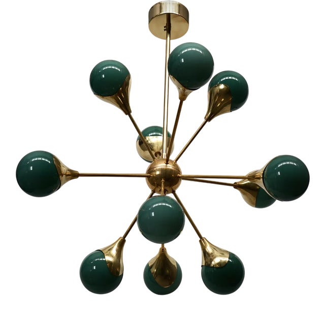 Mid-Century Spherical Green Glass and Brass Sputnik Chandelier, 2000s For Sale