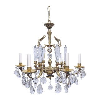 1930's Bronze Chandelier With Vintage Crystals and Spears For Sale