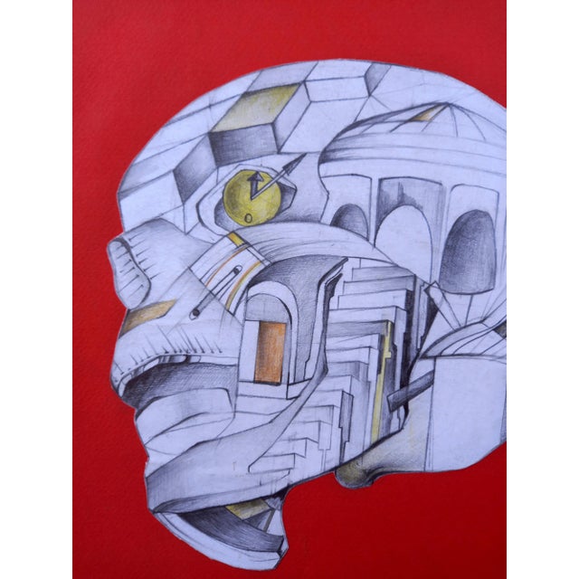 'Vanity Skull' Framed Original Italian Surrealist Imaginary Pencils Drawing Circa 1990 For Sale - Image 4 of 6