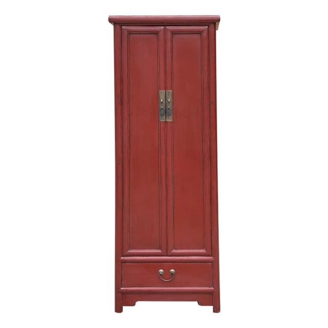 Oriental Classic Slim Red Lacquer Narrow Tall Storage Cabinet For Sale