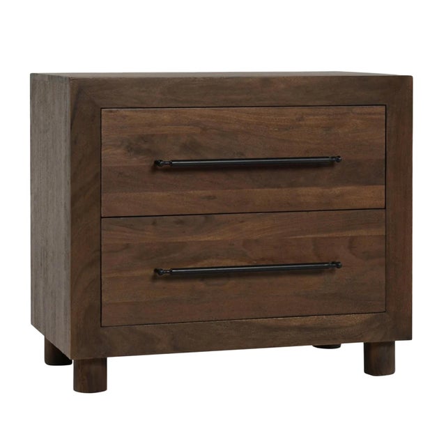 Handsome modern solid acacia wood nightstand with two drawers. Rich brown finish with black iron rod pulls. Each may vary...