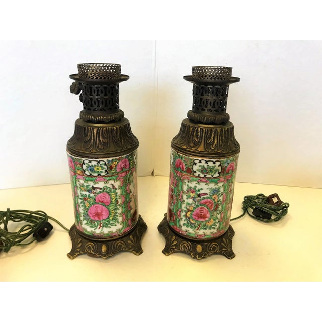 Metal Early 20th Century Antique Asian Chinoiserie Style Hand Painted Porcelain and Bronze Oil Lamps Converted to Electric - a Pair For Sale - Image 7 of 13