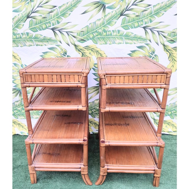 Vintage Rattan Bamboo Tiered Unique Extra Tall Side End Tables- a Pair ...