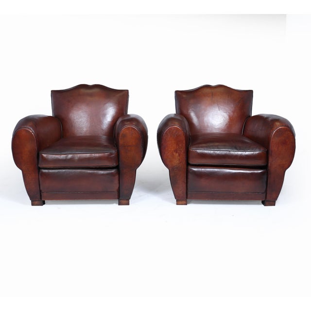 Art Deco French Moustache Back Leather Club Chairs, 1930, Set of 2, in Good conditions. Designed 1920 to 1949