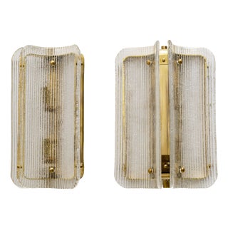 Curved Clear Ribbed Murano Glass and Brass Wall Sconces, 2000, Set of 2 For Sale