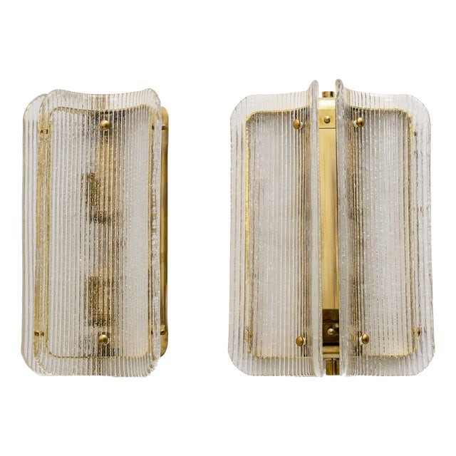Curved Clear Ribbed Murano Glass and Brass Wall Sconces, 2000, Set of 2 For Sale