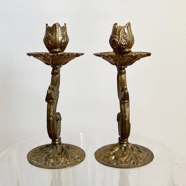 Metal Vintage Rococo Style Candleholders, 1930s, Set of 2 For Sale - Image 7 of 11