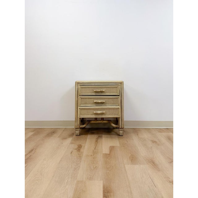 Mid 20th Century Ficks Reed Style Faux Bamboo Nightstand Beige Coastal Hollywood Regency Bedside Table For Sale - Image 12 of 13