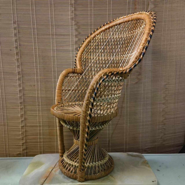 A charming and intricately crafted vintage Japanese bamboo display stand, modeled after a classic "Peacock Chair." This...