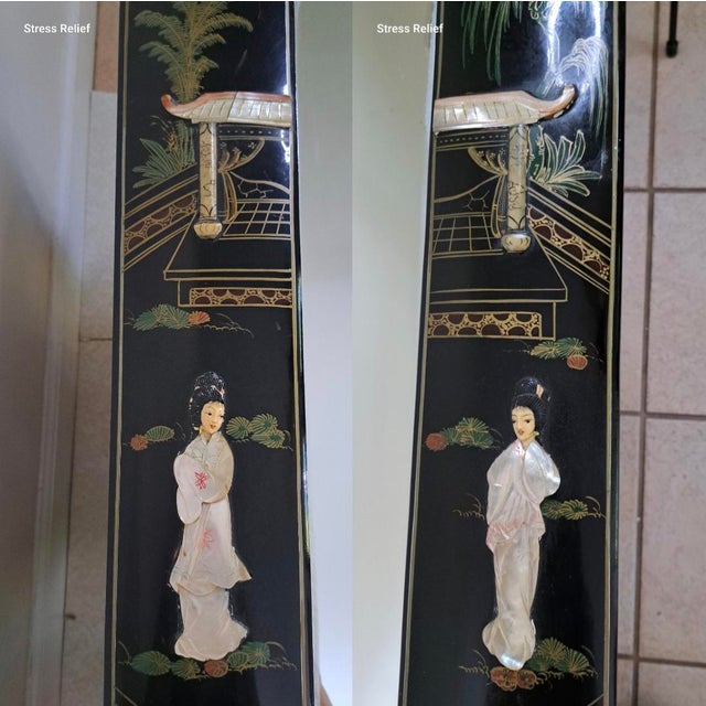 Vintage Chinese Black Lacquer Chinoiserie Wall Mirror With Mother-of-Pearl Inlay, 40" X 30" For Sale - Image 9 of 15