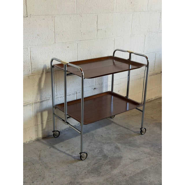 Chrome Teak Folding Two-Tier Bar Cart Germany Mid-Century Modern 1960s For Sale - Image 8 of 11