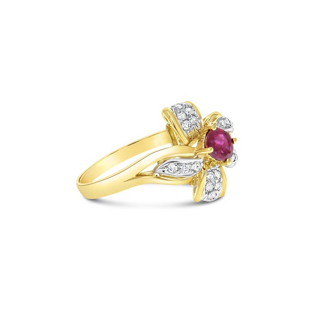 Contemporary Flower Ruby Diamond Cocktail Ring .70cttw 14K Yellow Gold, Size 9 For Sale - Image 3 of 3