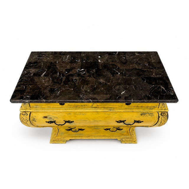 French Provincial Bombe Commode With Marble Top in Distressed Mustard Finish For Sale - Image 4 of 14