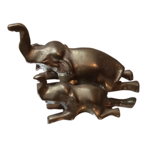 Pair of 1980s Sitting Brass Elephant Mother- Child Figurines