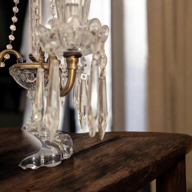 Glass Girandole Table Lamp or Candelabra. 1940's Original Czechoslovakian Crystals With Bulbous Base, Rewired For Sale - Image 7 of 9