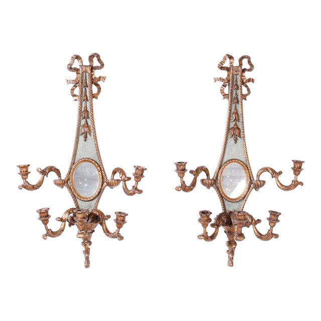 Antique Italian Carved Wood Gilt and Painted Wall Sconces - a Pair For Sale