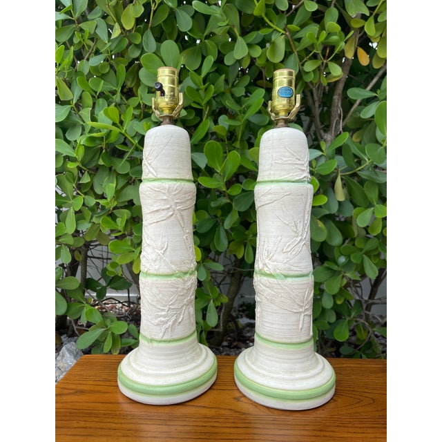 Contemporary Vintage Faux Bamboo Plaster Lamps in Ivory & Celadon for Sarasota Lamp Co – Pair For Sale - Image 3 of 12