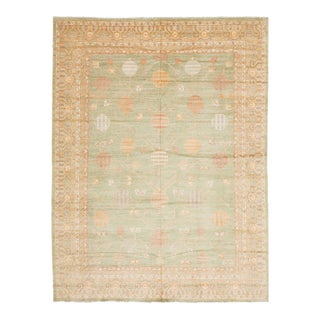 12x15 Serene Sage Green Modern Khotan Style Handmade Wool Area Rug For Sale