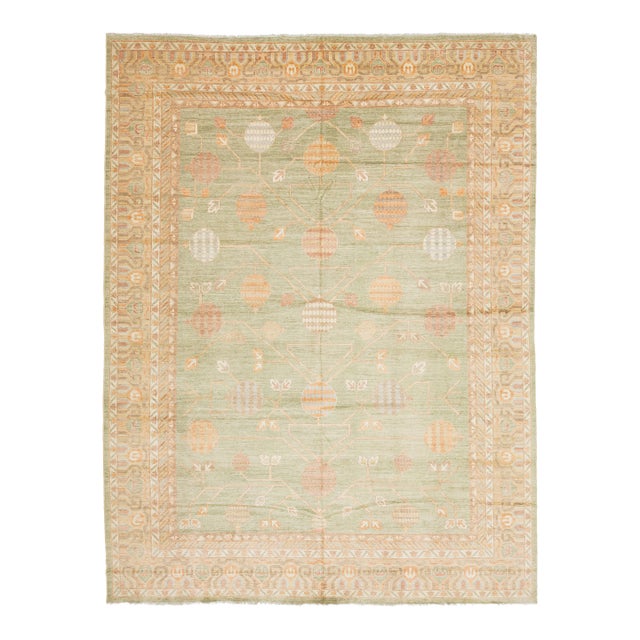 12x15 Serene Sage Green Modern Khotan Style Handmade Wool Area Rug For Sale