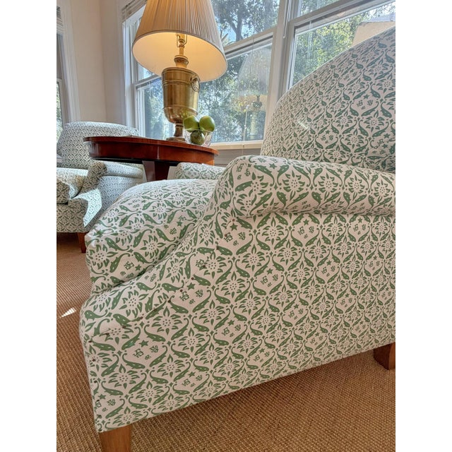 A Pair of Howard & Sons Green and White Lounge Chairs With Custom Tan Slipcovers For Sale - Image 16 of 18