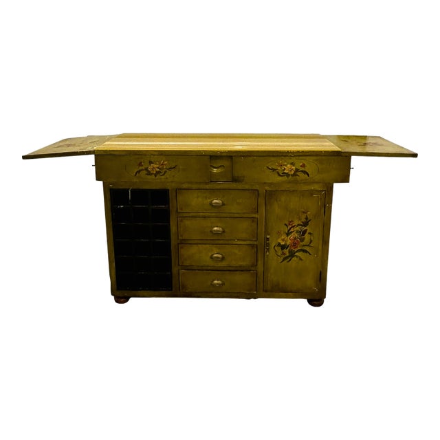 Vintage Solid Wood Hand Painted Wine Bar Cabinet Freestanding Counter Kitchen Island For Sale