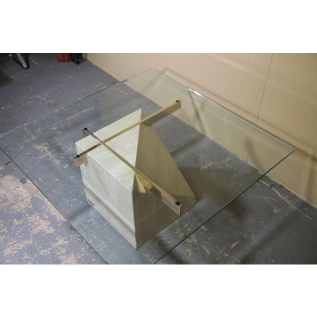 1970s Italian Travertine Coffee Table With Brass Supports and Glass Top For Sale - Image 4 of 9