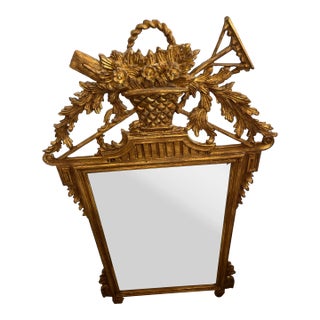 1960s Ornate Gilt Beveled Mirror With Pineapple Base Details & Top Floral Basket For Sale
