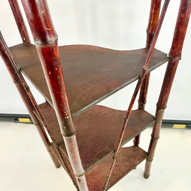 1940s Vintage Coastal British Colonial Stick & Ball Bamboo Corner Etagere - Oxblood Stain. For Sale - Image 14 of 18