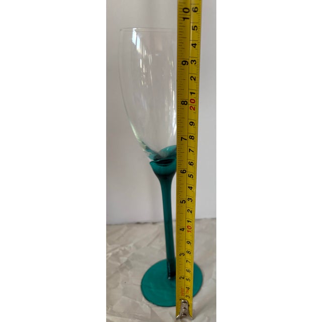 Vintage Libbey Domaine Teal Green Petal Stem Tall Champagne Flutes - Pair 9.75” For Sale - Image 10 of 10