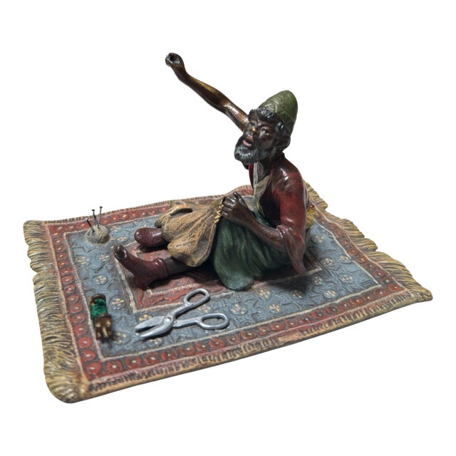 Antique Vienna Bronze Sculpture a Man on Persian Rug by Franz Bergmann For Sale