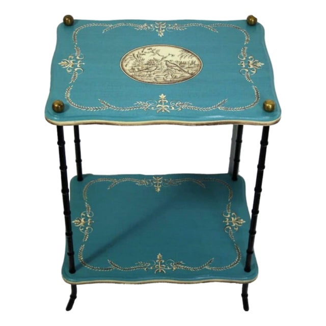 Two-Tier Turquoise Wood and Metal Side Table with Central Medallion by Meander For Sale
