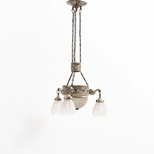 Vintage French Art Deco Metal & Glass Ceiling Lamp, 1930s For Sale - Image 4 of 18